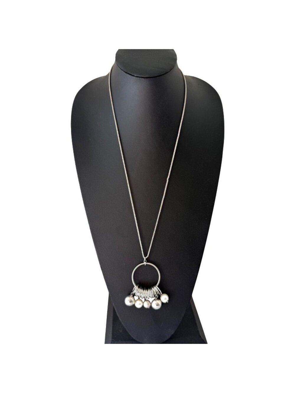 C1946 Necklace Faux Pearl Textured Beads Modern Boho Silver Tone 28 to 31 inches